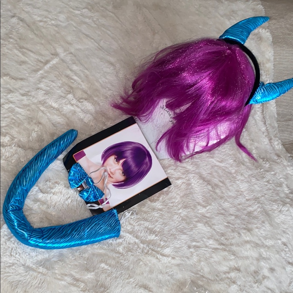 Halloween 🎃 Purple Wig with Blue Horns and Tail